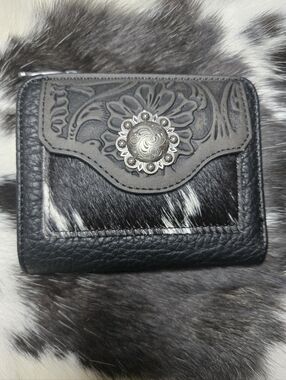 Trinity Ranch Black Tooled Leather Wallet with Hair-On Hide and Concho NWT